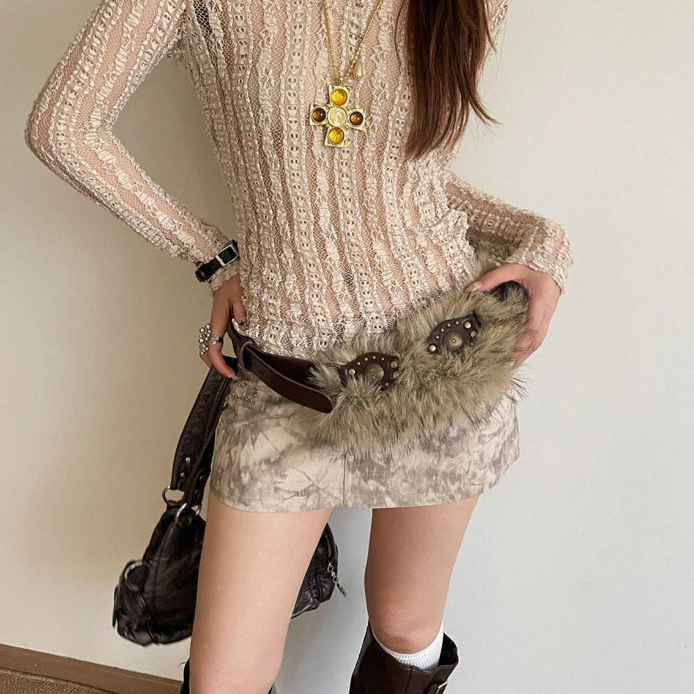 PU Leather Leather Fur Belt Spicy Girl Style Y2K Waistband Fashion Plush Belt  Female/Girls