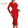 Women Business Dress Square Neck Long Sleeve Pure Color Ruffle Patchwork Slim Fit Sheath OL Commuting Formal Midi Dress
