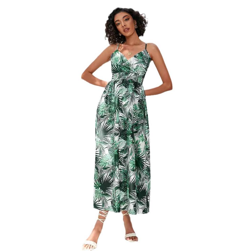 Women's Summer Printed Waist Medium and Long Suspender Dress