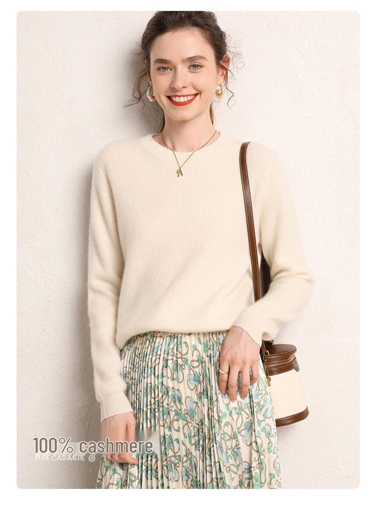 Women's 100% Pure Cashmere Rib Knit Round Neck Sweater - Solid Color Autumn/Winter Base Layer