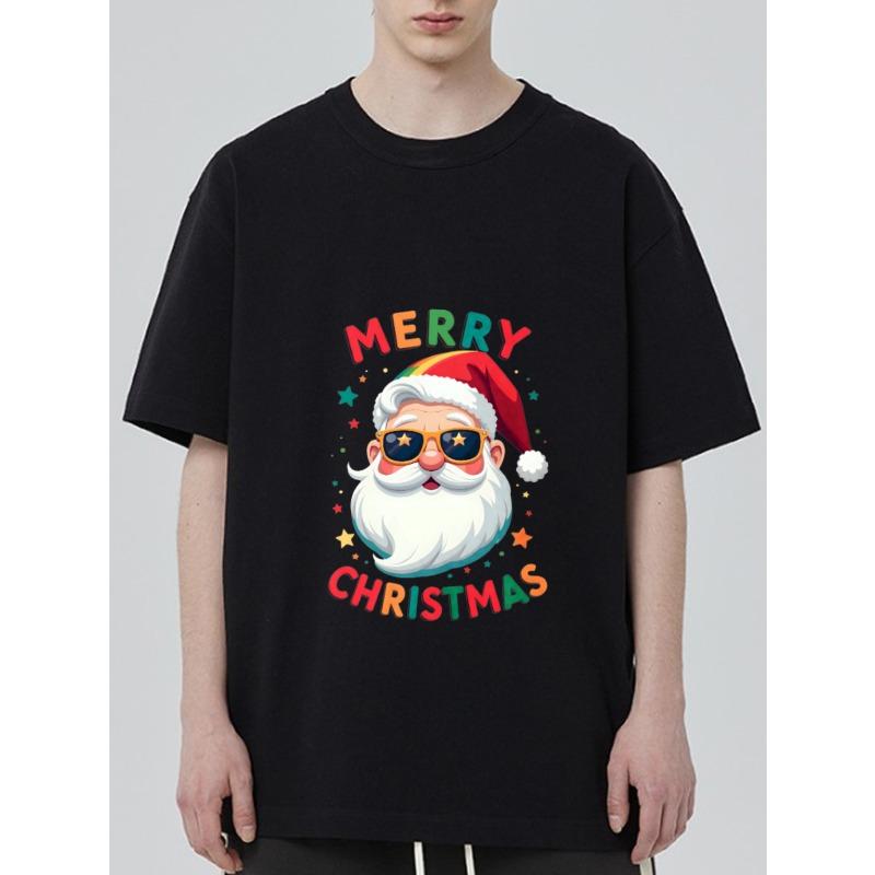 Christmas T-Shirt Black Santa Claus with Sunglasses and Merry Christmas Text Holiday Party Wear