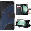 Case + 2 Tempered Glass for Samsung Galaxy S23 FE, Wave Pattern PU Leather Protection - Black-Navy Blue (not for S23)