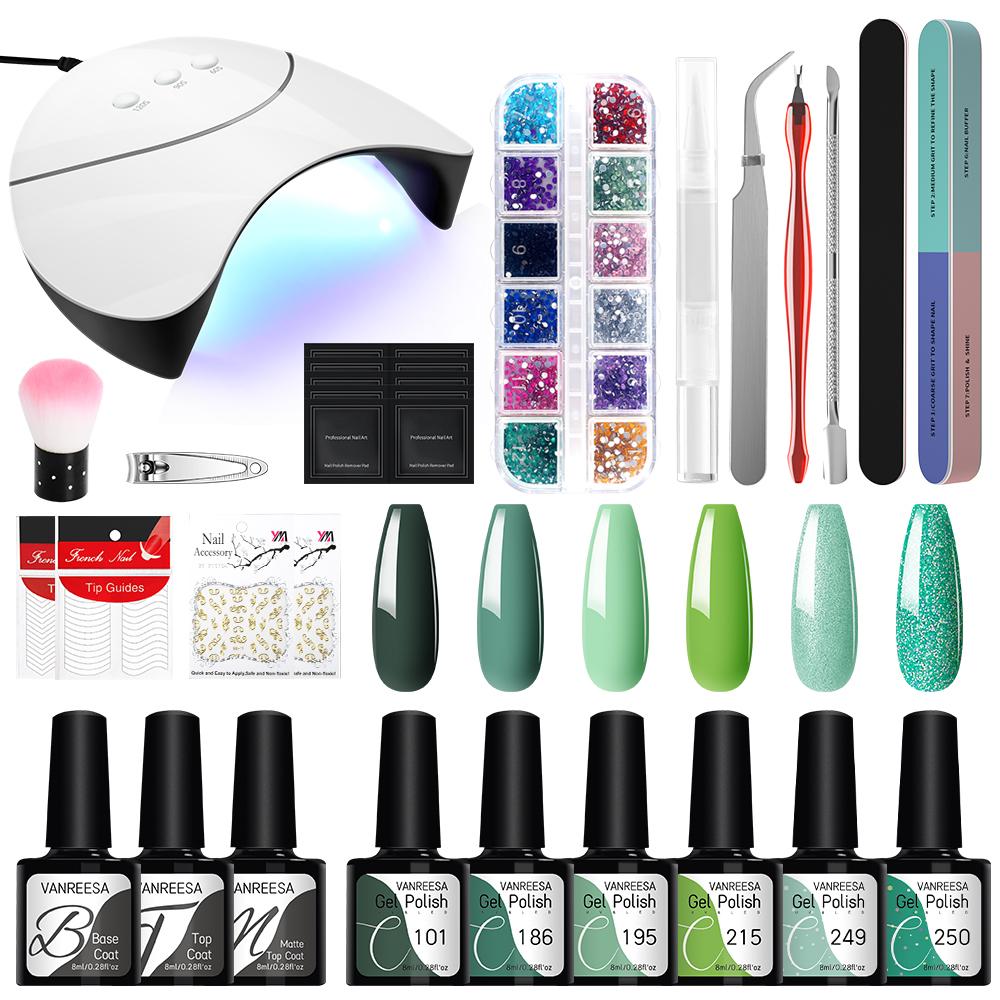 VANREESA Набор гель-лаков для ногтей с лампой для сушки ногтей мощностью 36 Вт, 6 шт., замачиваемый УФ-светодиодный полупостоянный набор гелей для ногтей, набор инструментов для дизайна ногтей