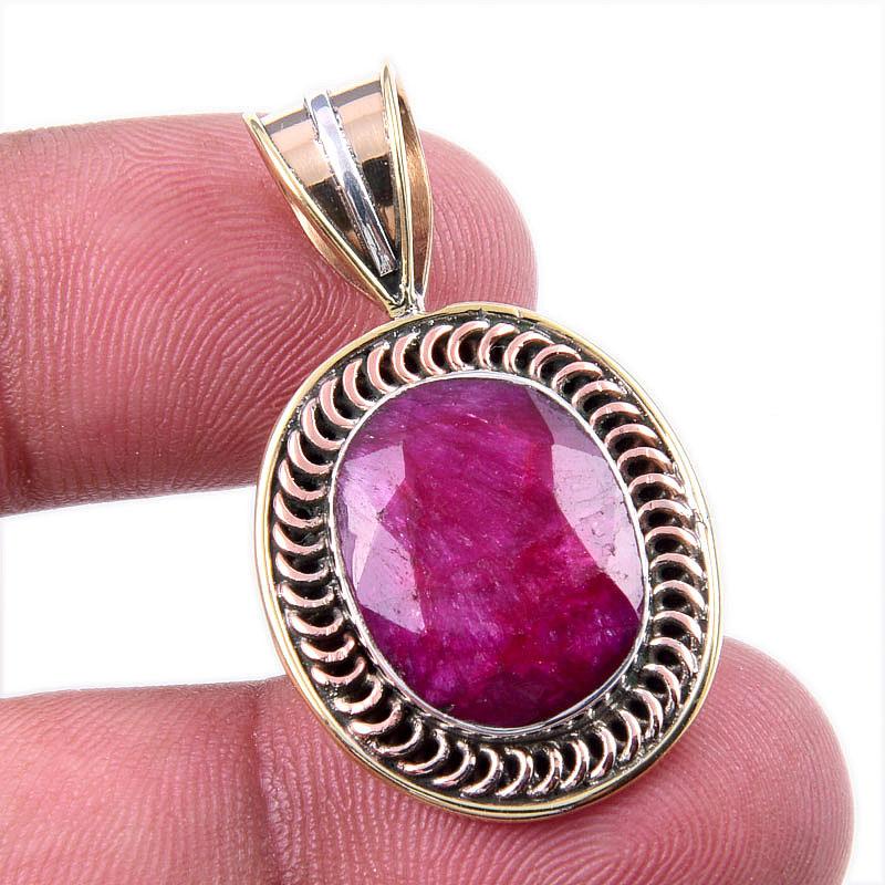 Red Ruby(Simulated) Handmade 925 Sterling Silver Two Tone Pendant 1.50" J8W48
