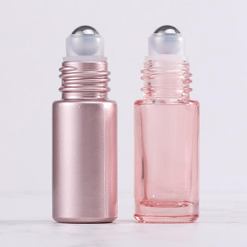 1Pcs Glass Roll On Bottle 5/10Ml Pink Roller Bottle Essential Oil Lip Gloss Refillable Tube Empty Jar Glass Perfume Bottle