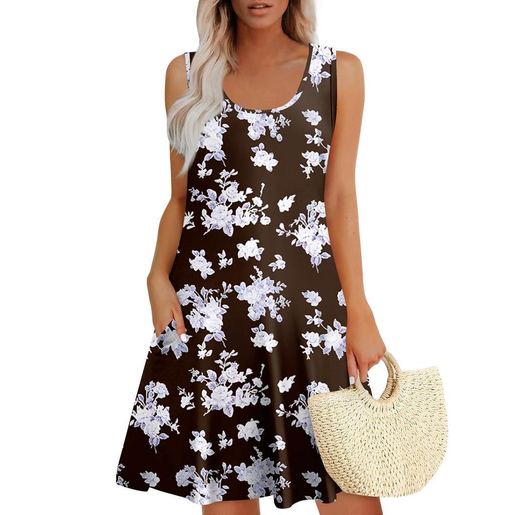 Женские летние платья, свободные сарафаны без рукавов с U-образным вырезом и карманами
