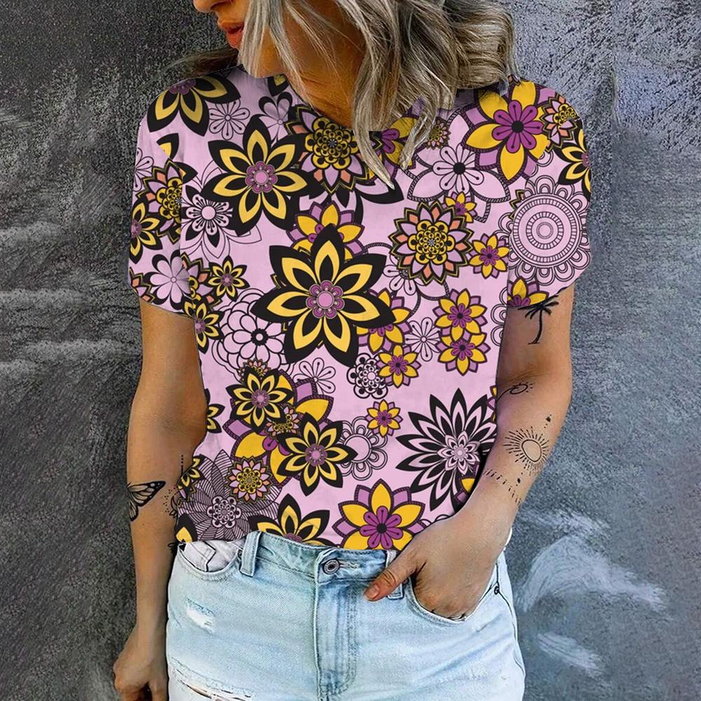 Women's T-Shirt Fashion Retro Floral Pattern Print T-Shirt Women's Leisure Short Sleeve T-Shirt Summer Oversized T-Shirt Tops
