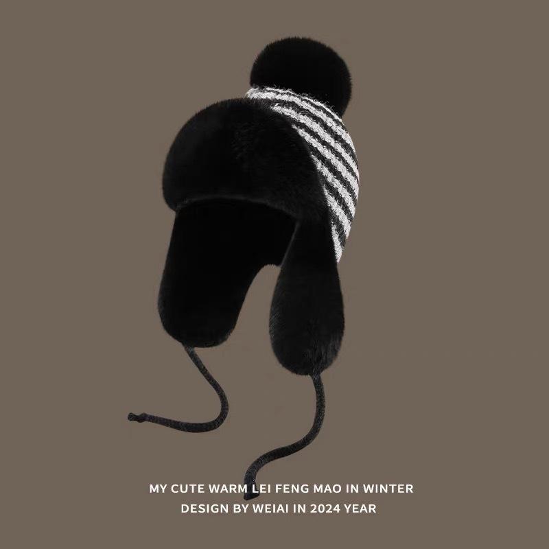 Зимняя плюшевая утолщенная шапка-ушанка из шерстяного шарика, вязаная плюшевая шапка-ушанка для защиты ушей для женщин, полосатая, ретро, для большой головы, для велоспорта