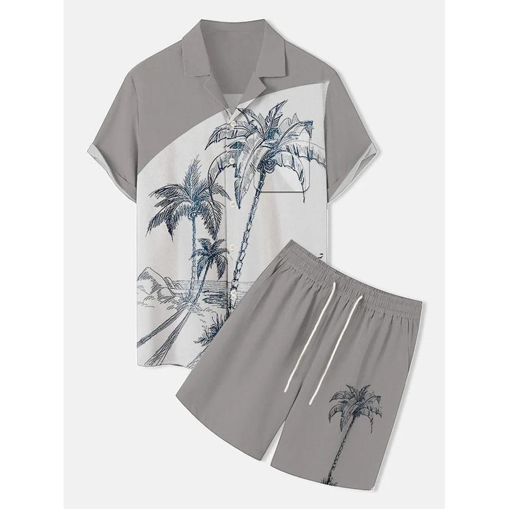 Мужская повседневная рубашка с принтом пальмовых листьев, гавайские мужские пляжные шорты, летний повседневный комплект из рубашки с короткими рукавами и шорт