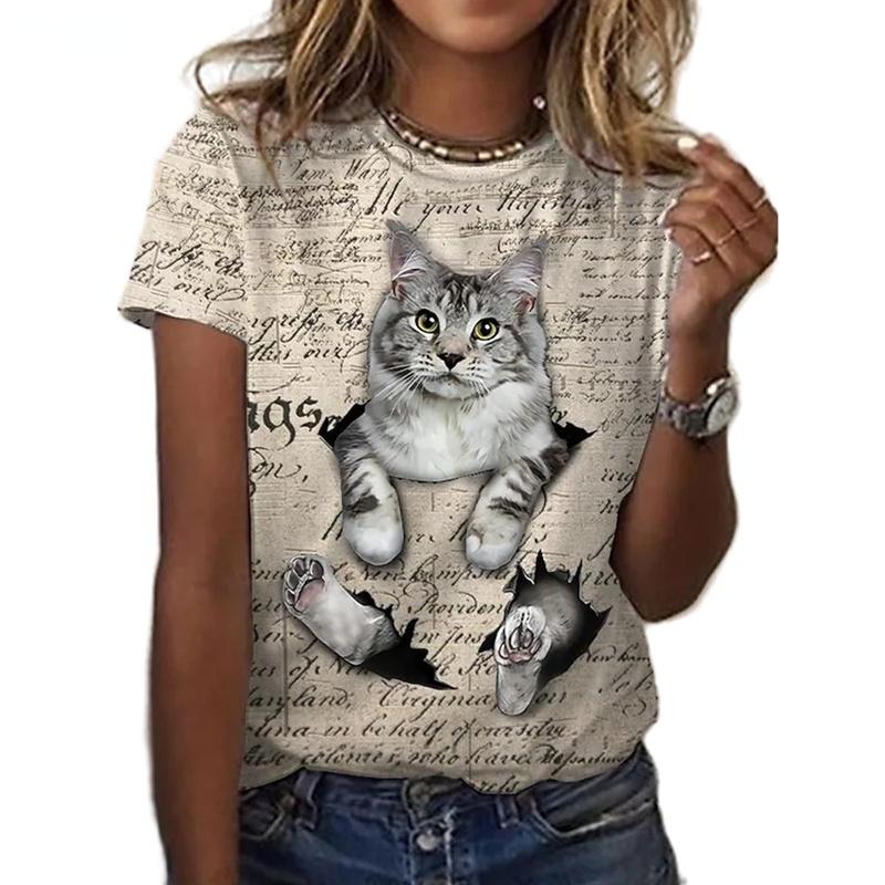Women's 3d Cute Cat Pattern Printed T-shirt Summer Fashion Popular Clothing Casual Daily Wear