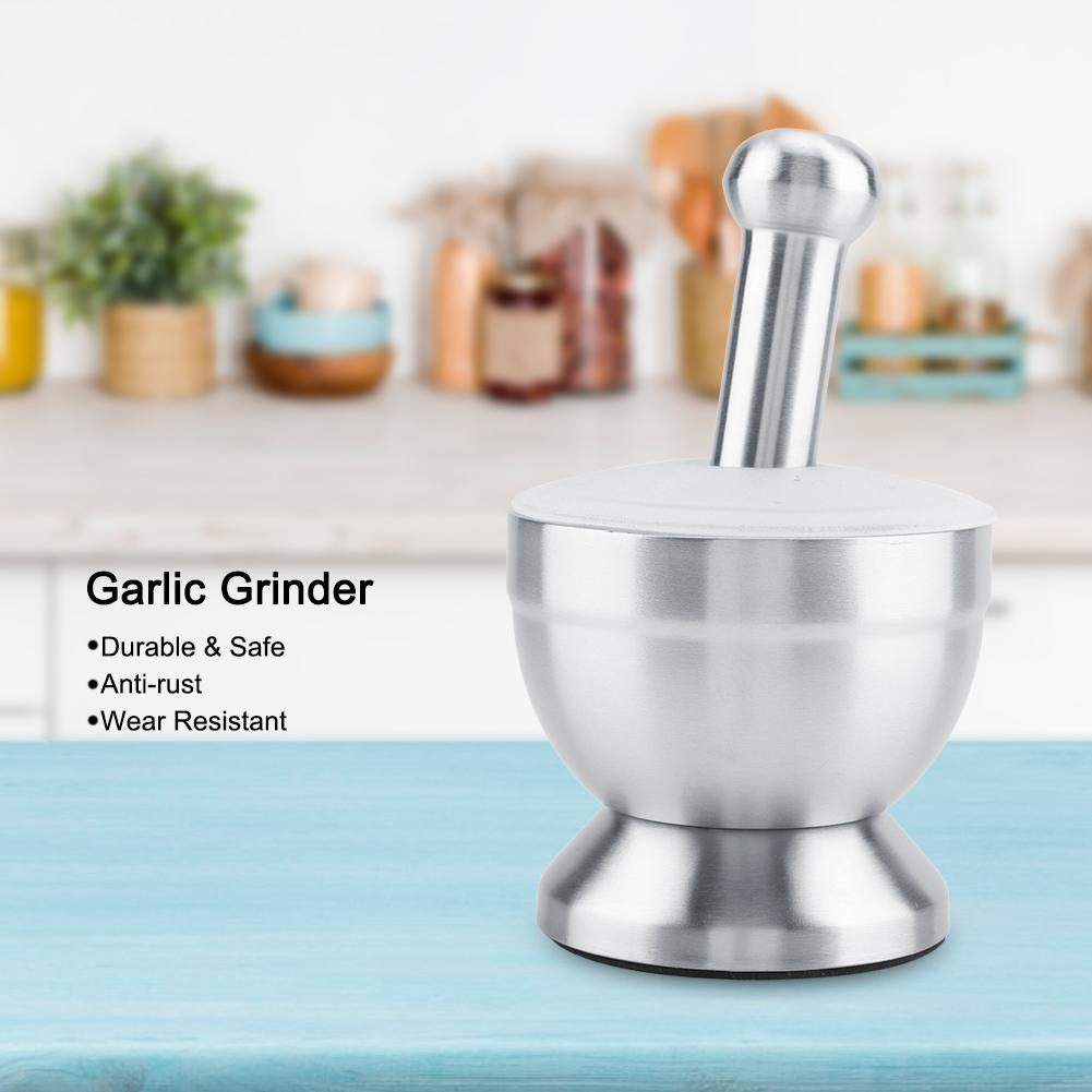 Stainless Steel Mortar Pestle Beans Garlic Spices Foodstuffs Grinder Kitchen Tool with Lid