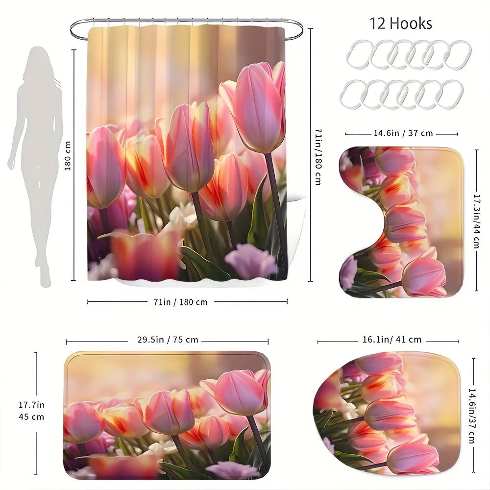 4Pcs Bathroom Shower Curtain Set Pink Tulip Pattern Bathroom Curtain With 12 Hooks Non Slip Rugs Toilet Cover Mat Bathroom Partition