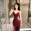 Elegant Black V Neck Sexy Slim Fit Bodycon Dress for Women with Thin Straps High Slit Mermaid Style Floor Length Formal Evening Nightclub Party Gown