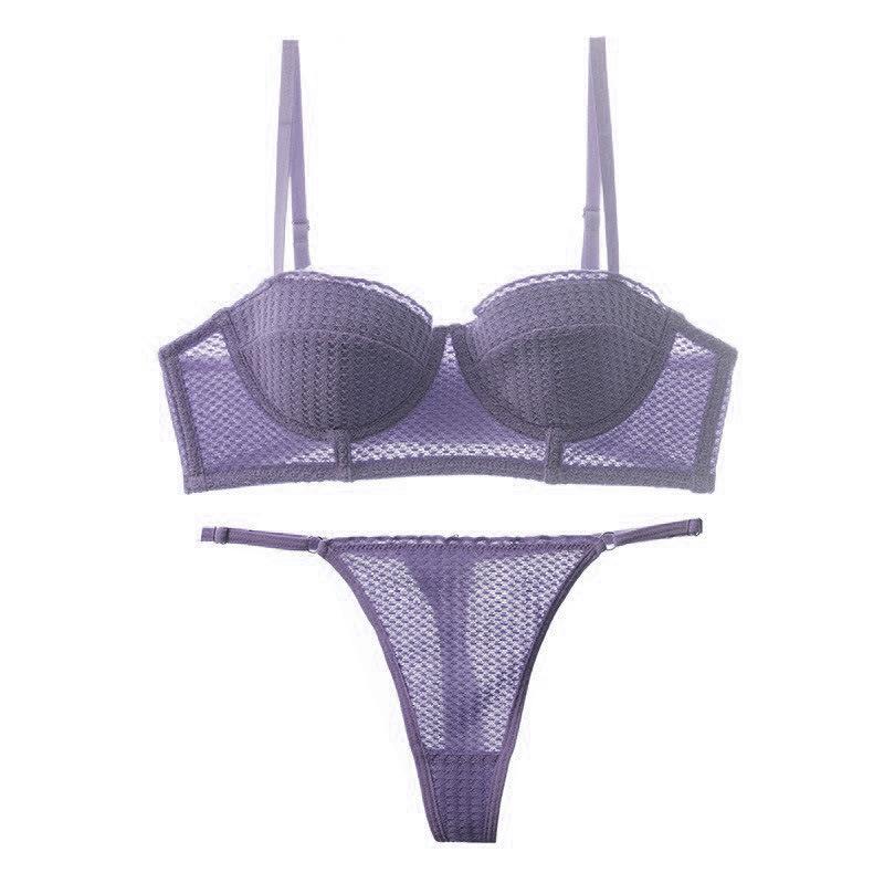 Summer 6 Color Sexy French 1/2 Cup Push Up Bra Set Fashion Women Lace Thin Cup Underwear Romantic Lavender Bras and Thong Set