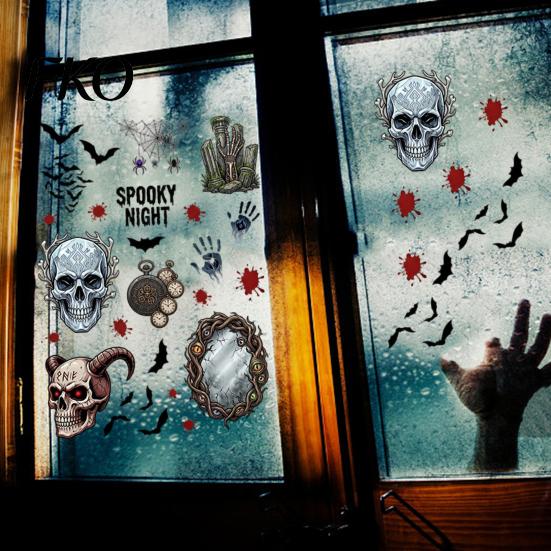 Halloween Stickers Electrostatic Glass Stickers, Skull Demon Blood Handprints Bats Scary Window Pattern Cling Clings, Spooky for Doors