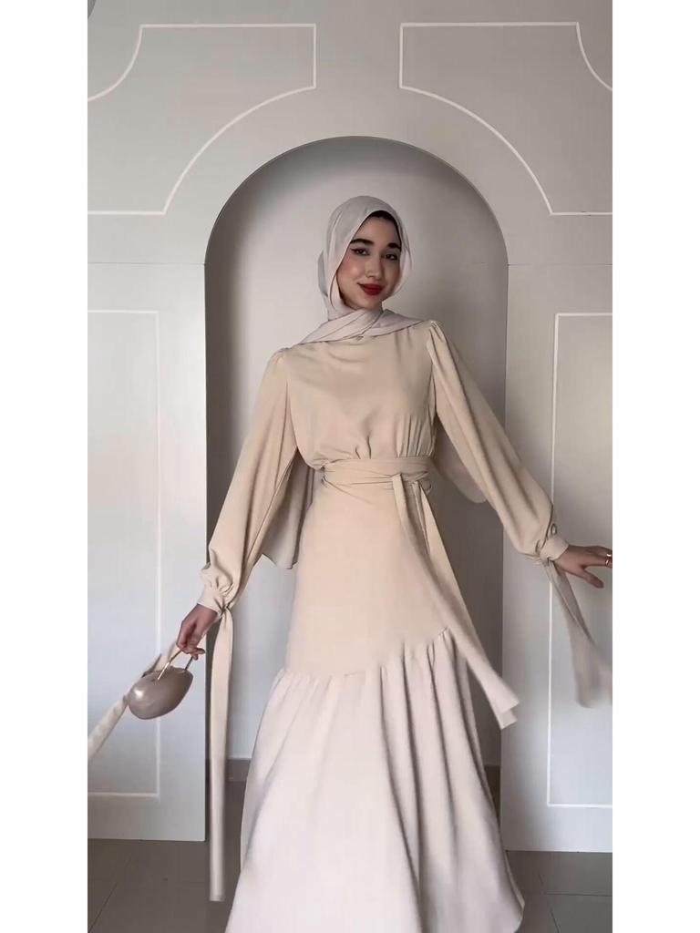 In Stock: 2024 Spring Dubai Long Sleeve Tie-Up Midi Dress Set