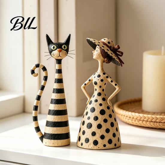 Thoughtful Housewarming Gifts 2Pcs Vintage Lady And Cat Sculptures Set, Resin Striped Figurine, Retro Elegant Artistic Figurine Statue with Polka Dot