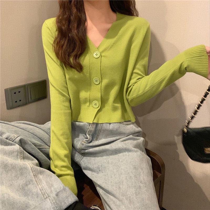 Весенне-осенний вязаный кардиган с длинными рукавами, свитер с v-образным вырезом, однотонное короткое повседневное пальто SL