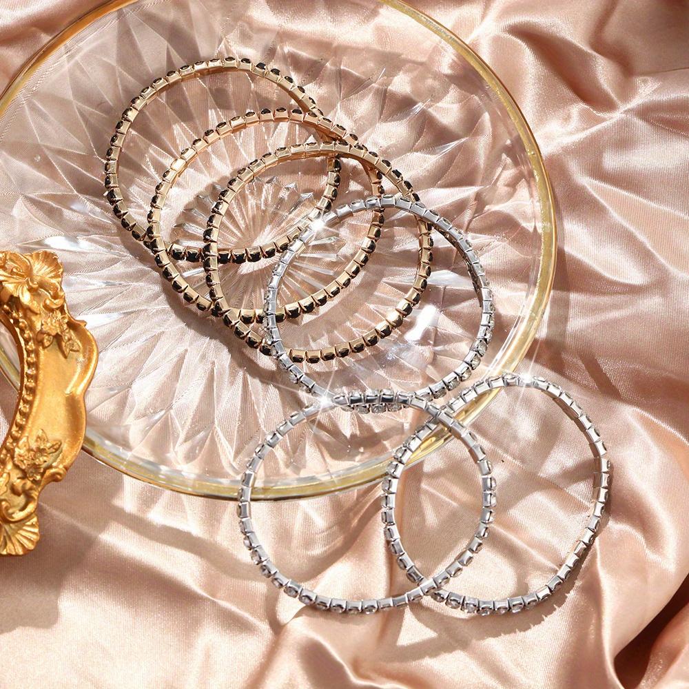 6-Piece Glitter Silvery Rhinestone Ultra Fine Tennis Stretch Bracelet Bangle For Women Party Wedding Anniversary Gift