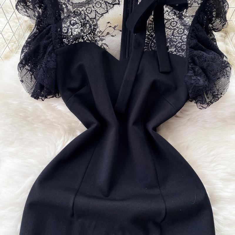 Lace Splice Black Office Work Dress French Style Summer Women Zipper O Neck Elegant Ladies Split Solid Slim Bodycon Dresses