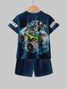 3D Monster Truck Print Casual Short Sleeve T-Shirt and Shorts Fashion Set for Summer Play Casual Shorts Boys and Girls Set
