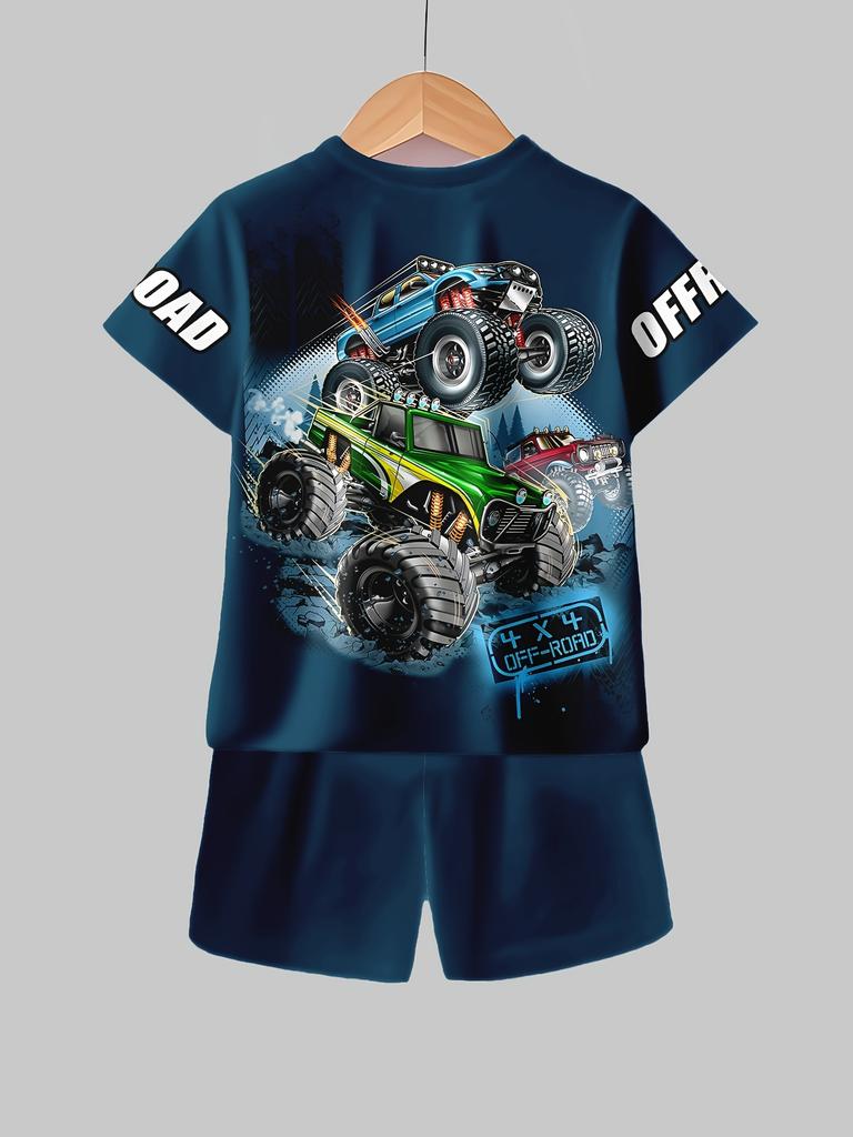 3D Monster Truck Print Casual Short Sleeve T-Shirt and Shorts Fashion Set for Summer Play Casual Shorts Boys and Girls Set