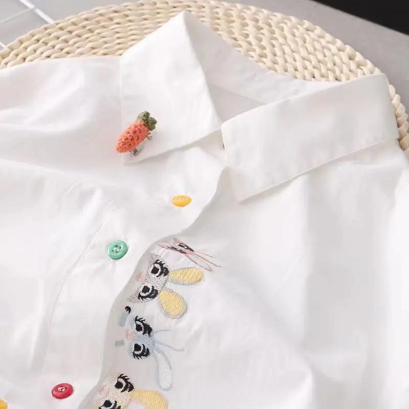 Женские блузки в стиле весна-осень, рубашки, повседневные женские блузки с длинным рукавом и отложным воротником, с вышивкой в виде мультфильмов, топы