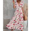 Summer Women's Printed Short Sleeve Dress V-Neck Waist Slim Loose Swing Long Dresses