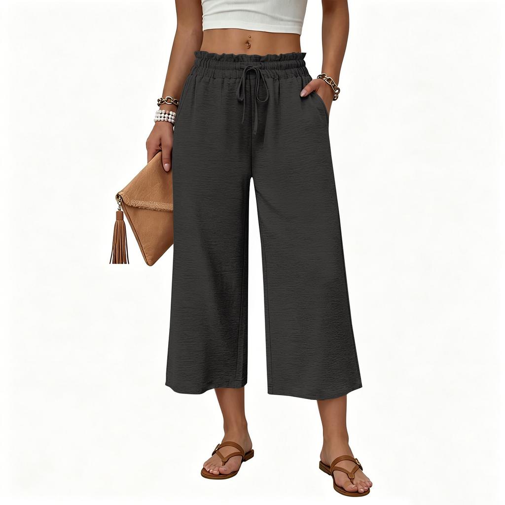 Women's Casual Loose-Fit High-Waisted Cotton-Linen Cropped Pants With Side Pockets