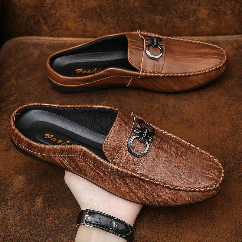 Модная мужская обувь Baotou Half Slippers мужские летние 2024 новые сандалии мягкие мужские туфли для вождения повседневная кожаная обувь