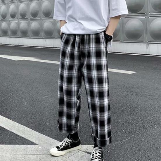 Мужские брюки в клетку Streetwear Широкие с эластичной талией Свободные Спортивные брюки для осени