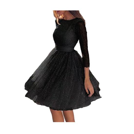 Glitter Starry Tulle Prom Dress for Women Long Sleeve Crew Neck Formal Evening Dress Mesh Cocktail Party Short Dress