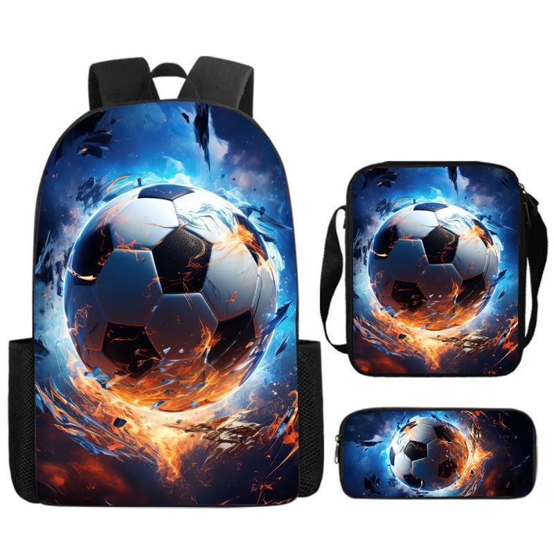 Kids Football Print Backpack Set Elementary School 3-Piece Shoulder Bag Pencil Case Crossbody
