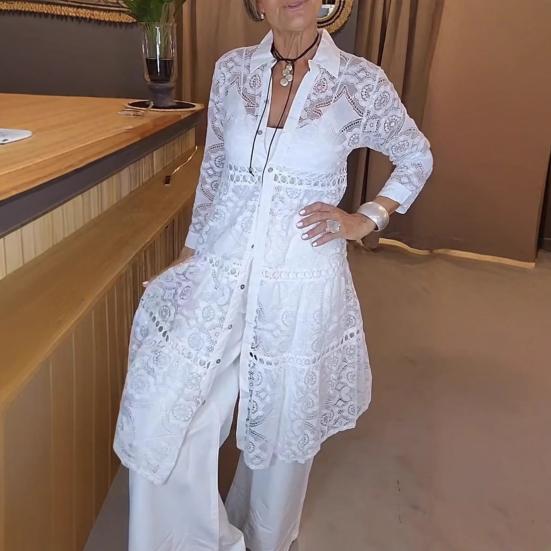 Женская рубашка с лацканами, однотонная, с длинным рукавом, на пуговицах, блузка средней длины, вышитый кружевной цветочный узор, рубашка, топы