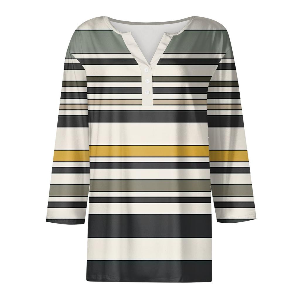 Women's Fashion Casual Striped Print V-Neck Decorative Button Three-quarter Sleeve T-Shirt Top