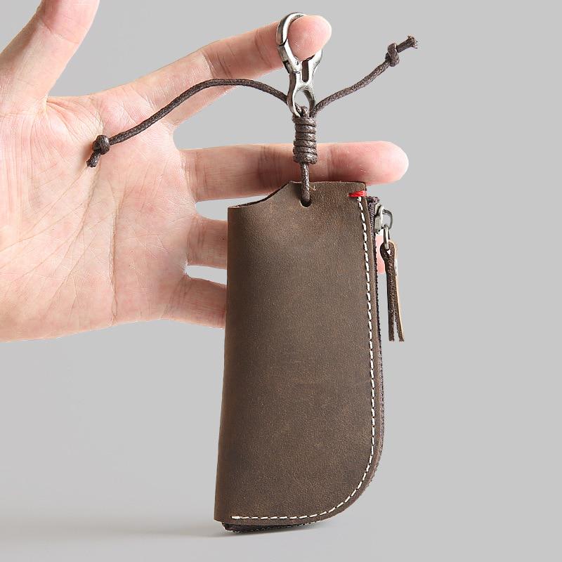 Genuine Leather Car Key Holder Keychain Covers Zipper Car Key Case Bag Men Housekeeper Keys Organizer