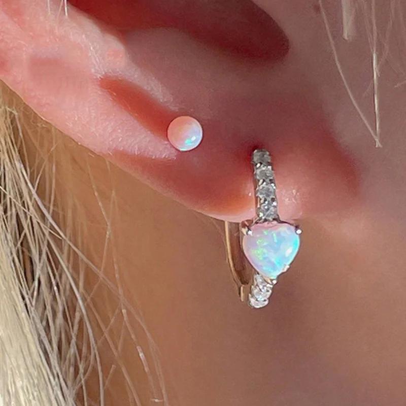Y2K Heart-Shaped Color Imitation Opal Hoop Earrings For Women Exquisite Huggies Daily Party Accessories Trendy Jewelry