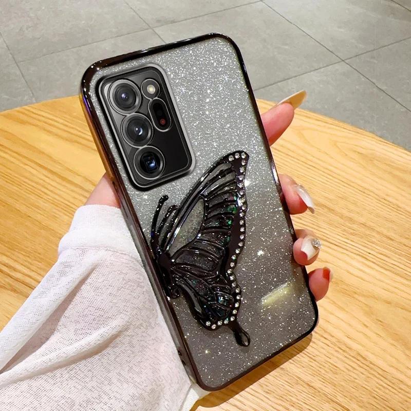 3D Чехол-глиттер с бабочкой для Samsung Galaxy Note 20 Ultra Note 10 Plus Note 8 9 Защита камеры Черный чехол