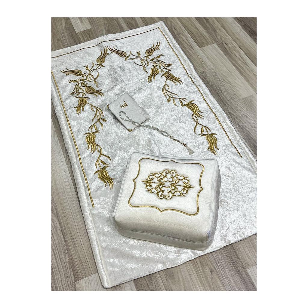 Srma Gold Embroidered Motif Velvet Saddle Bag, Velvet Prayer Rug, Yasin, Prayer Beads Dowry Set Of 4 Bundle Storage Bags