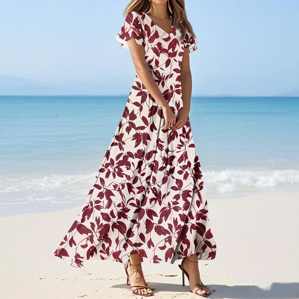Женские повседневные модные длинные платья с принтом, платья с V-образным вырезом и коротким рукавом