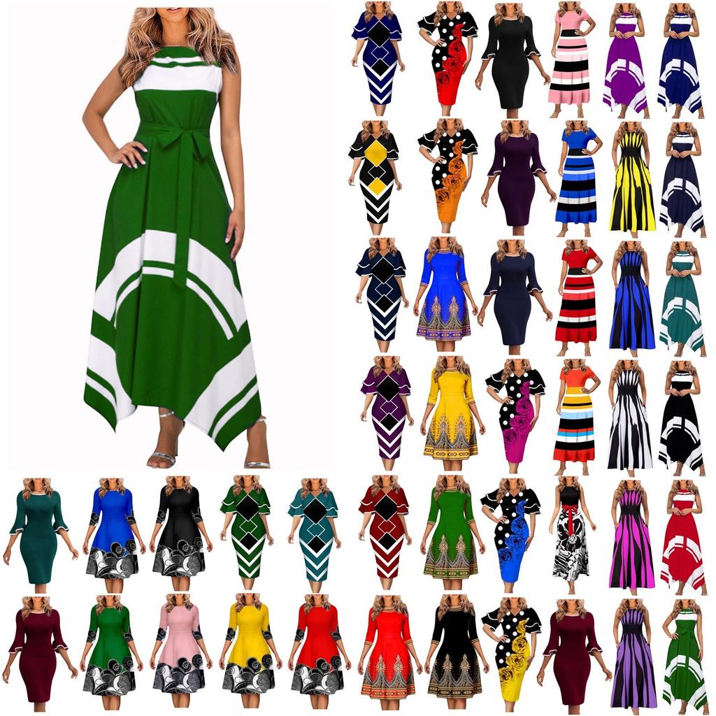 Women's Fashion Casual Crew-neck Half-sleeved Commuting Dress Skirt Large Size Printed Collection Waist Slimming Dress