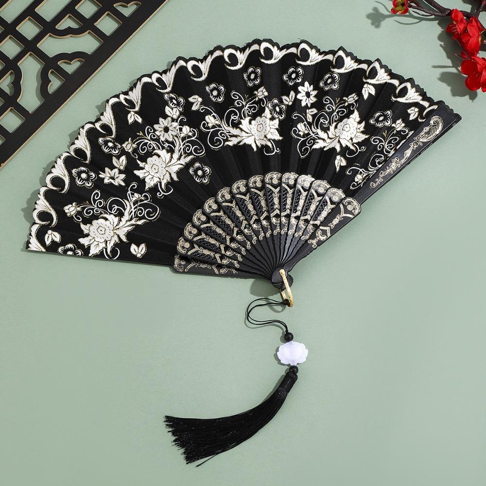 Portable Vintage Style Silk Hand Fan Floral Pattern Decorative Folding Fan with Tassel Handmade Handheld Fan Wedding Party