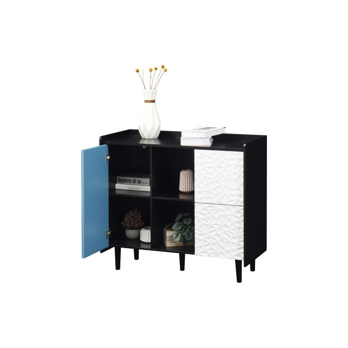 Buffet, corps noir avec portes bleues, comprenant deux tiroirs à panneau unique et deux compartiments de rangement ouverts.