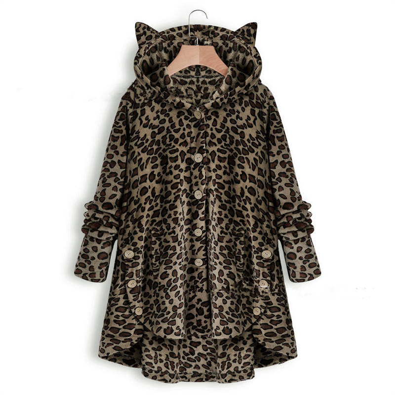 Пальто женское с плюшевыми кошачьими ушками и пуговицами, однотонное, с капюшоном, нестандартное