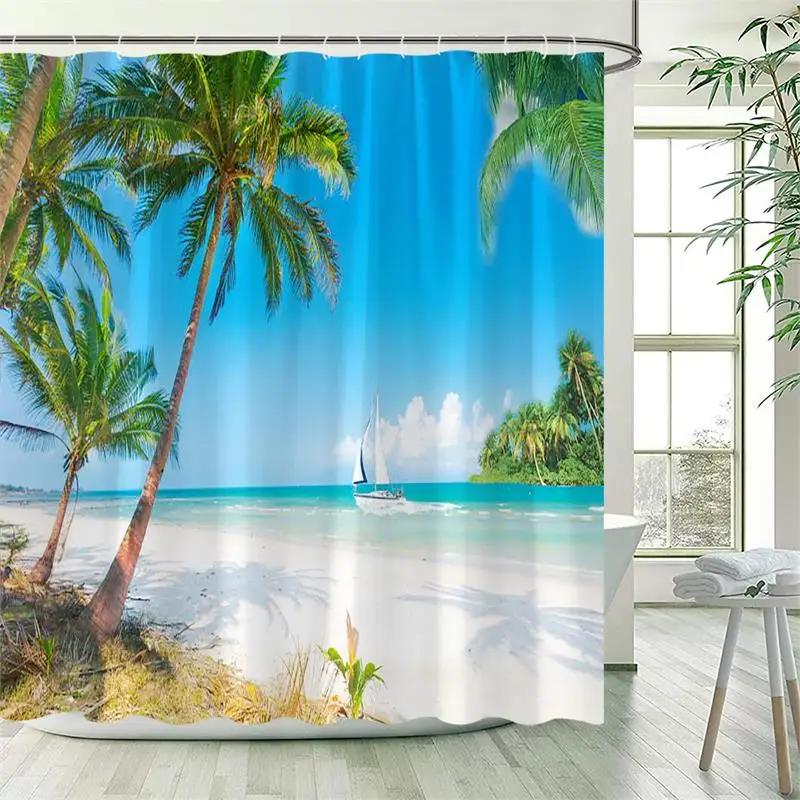 Ocean Landscape Shower Curtain Beach Palm Trees Parrots Dolphins Sea Waves Nature Scenery Bath Curtains Fabric Bathroom Decor