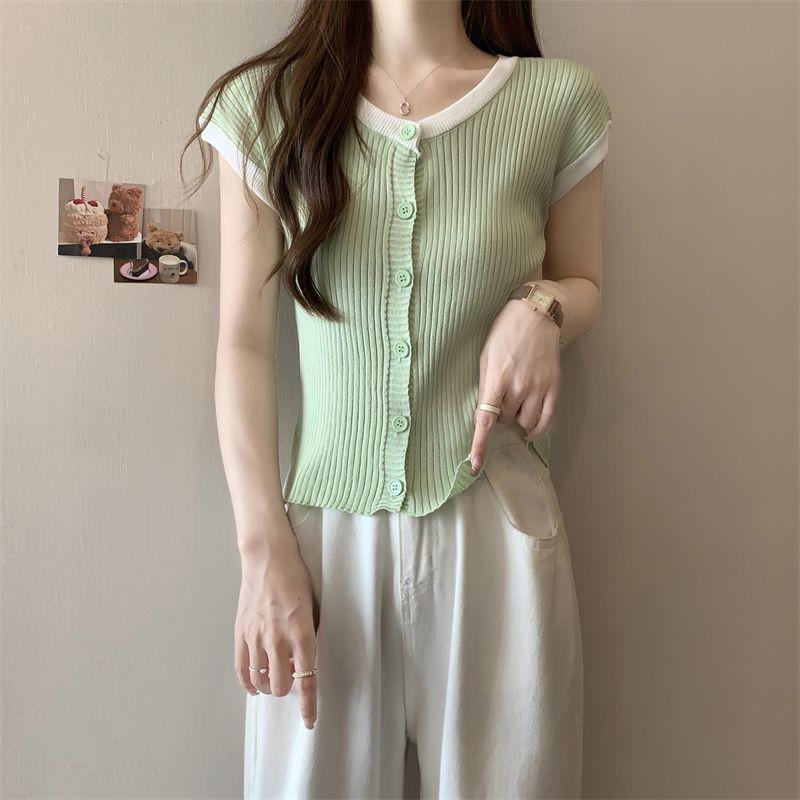 Трикотажная рубашка с короткими рукавами Retro Collision Color Ice Silk Flying для женщин, летний стиль, утягивающий дизайн, нишевый кардиган