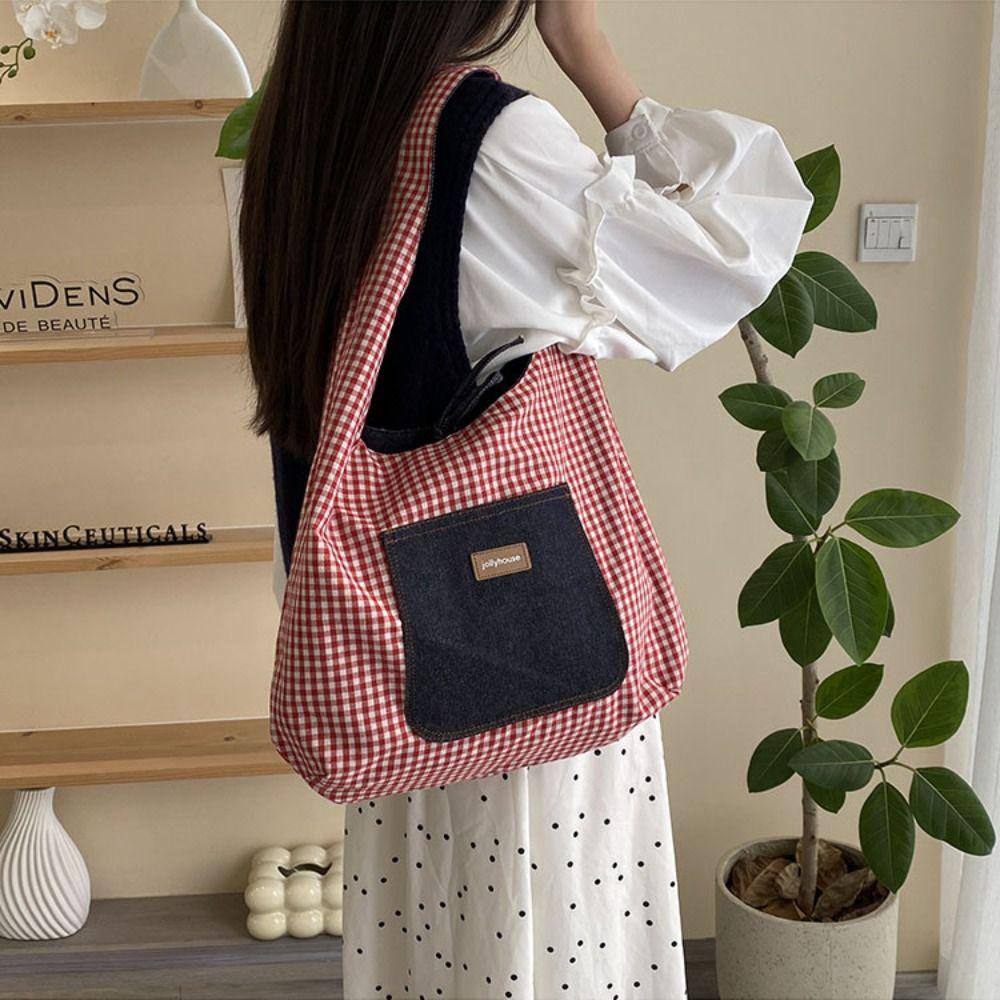 Cloth Double Sided Plaid Denim Vest Bag Retro Bohemian Messenger Bag Denim Shoulder Bag  Travel