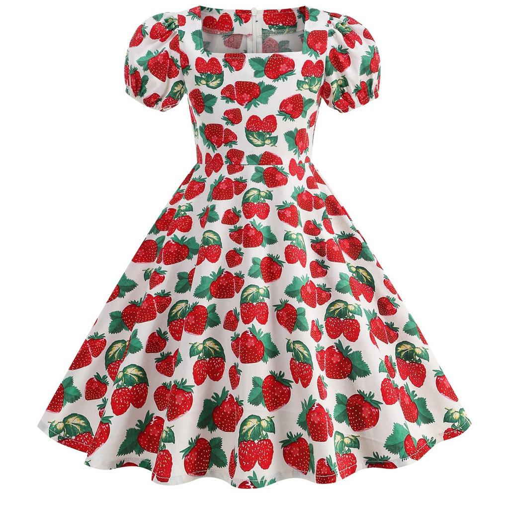 Girls Short Sleeve Dress Fruit Print Fresh Elegant Princess Dress