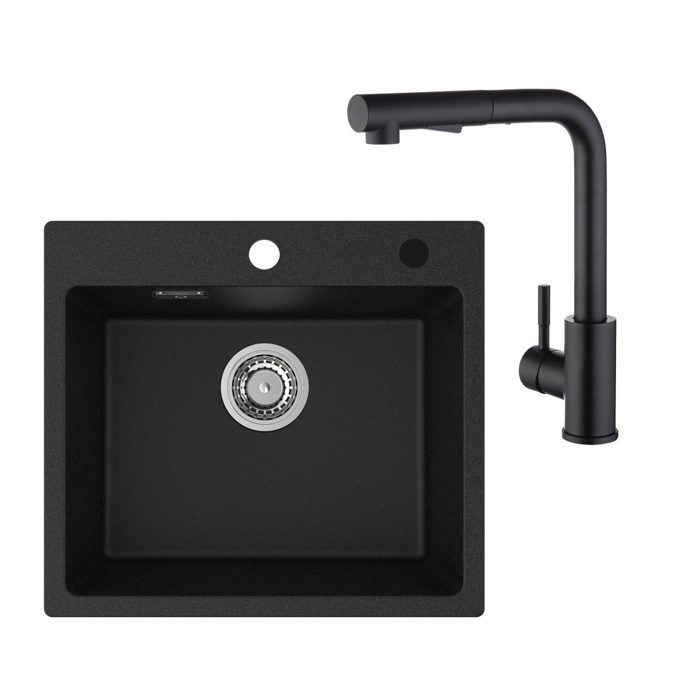 50x45cm Évier de Cuisine en granit A poser noir anthracite+mitigeur extractible