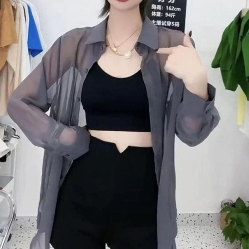 WTEMPO Summer Women's Sunscreen Cardigan Thin Jacket Chiffon Tops Korean Temperament Loose Long-sleeved